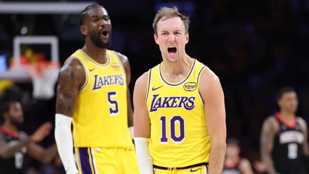 Luke Kennard shooting a contested three-pointer during the rockets vs lakers Game 1 playoff matchup.