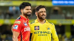 MS Dhoni and Shreyas Iyer shaking hands after the thrilling IPL 2026 clash between CSK and KKR at Chepauk Stadium.