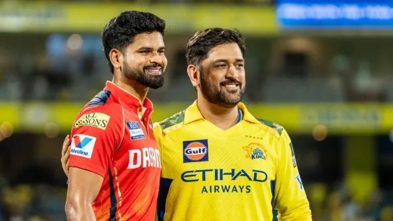 MS Dhoni and Shreyas Iyer shaking hands after the thrilling IPL 2026 clash between CSK and KKR at Chepauk Stadium.