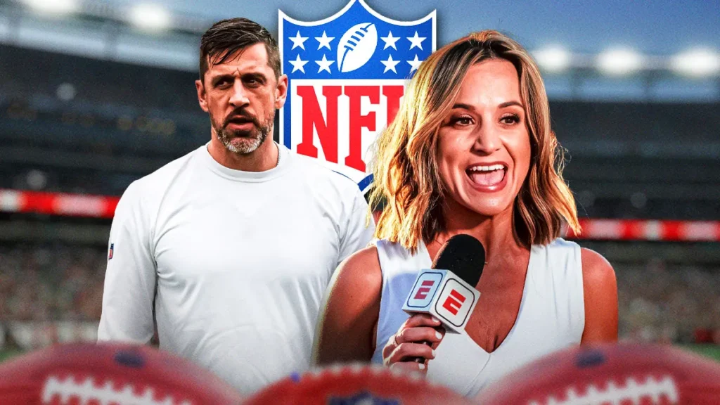 Dianna Russini holding a microphone while interviewing an NFL player