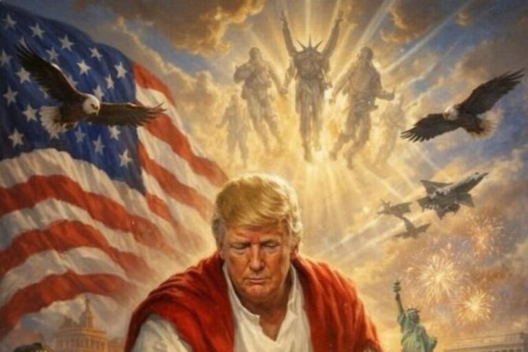 A conceptual illustration showing a viral social media feed featuring a digital trump jesus image.