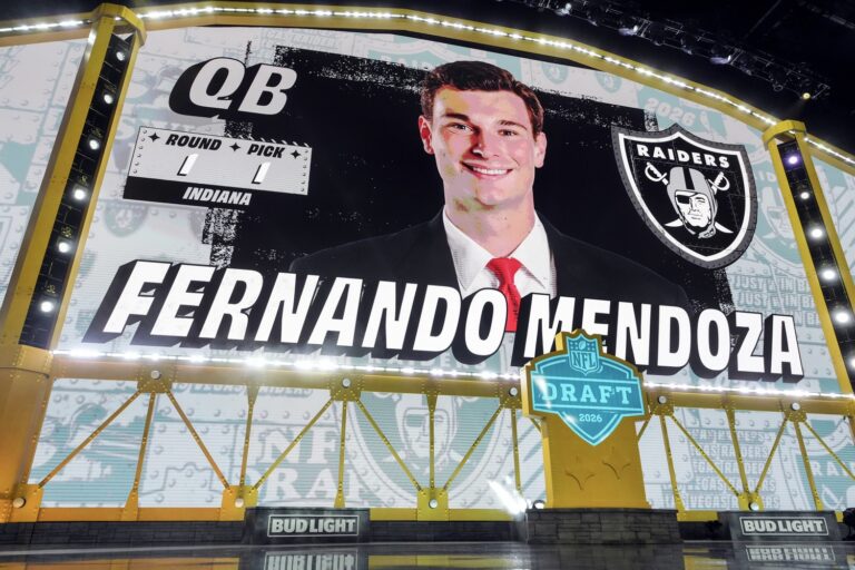 Fernando Mendoza's graphic displayed on the main stage after being selected No. 1 overall in the 2026 NFL Draft.