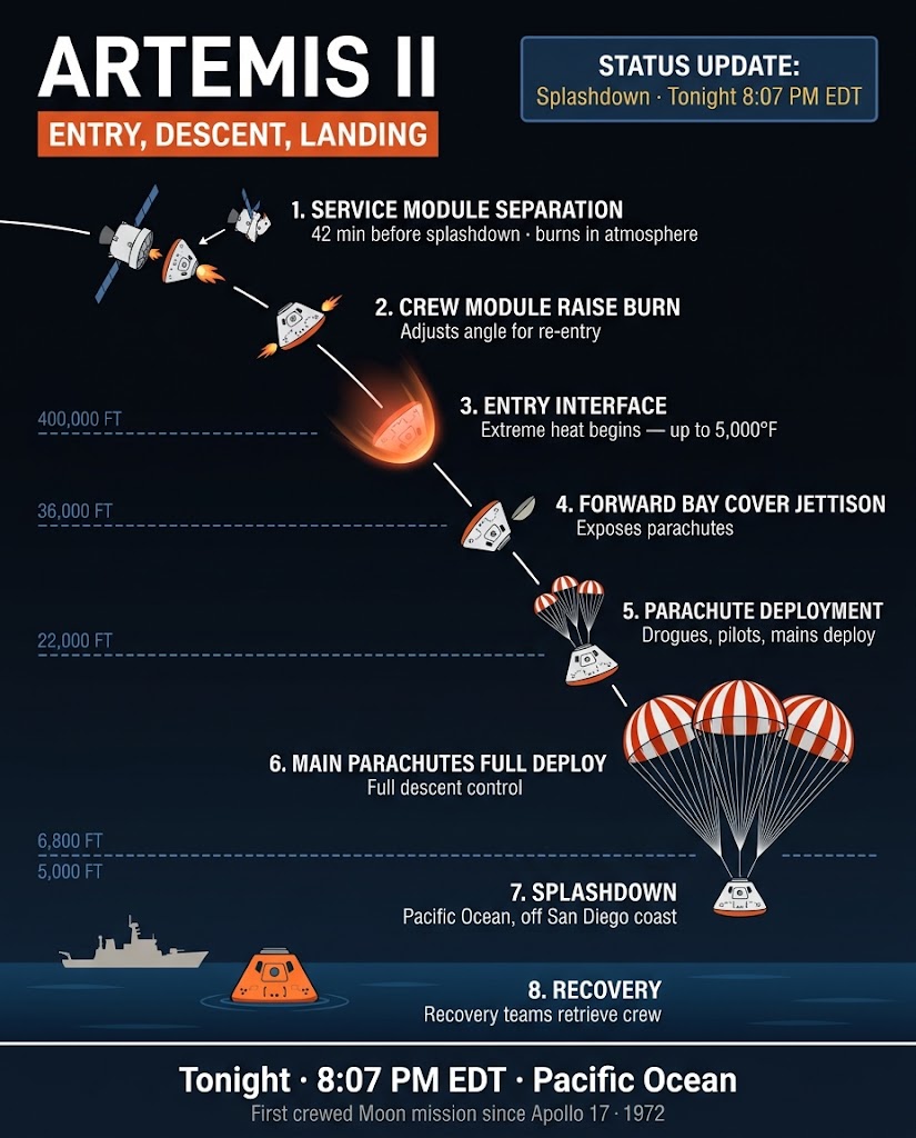 An infographic detailing the exact artemis 2 splashdown time and parachute deployment sequence.