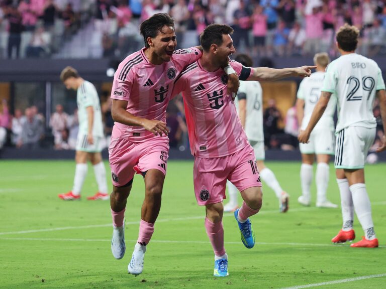 Lionel Messi celebrates goal at new Inter Miami stadium opening
