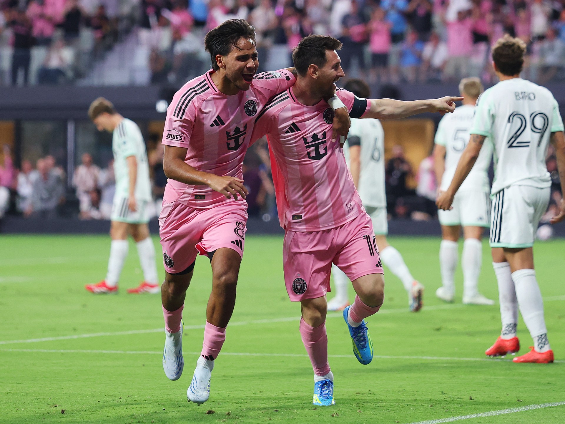 Lionel Messi celebrates goal at new Inter Miami stadium opening