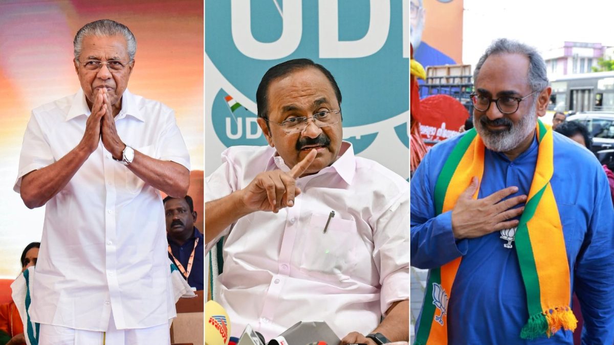 Prominent candidates for Kerala Election 2026, including Pinarayi Vijayan and Rajeev Chandrasekhar, in a tense electoral battle.