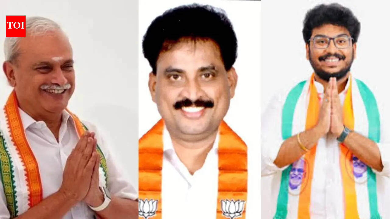 Prominent dynasty candidates A Johnkumar (BJP), V Vaithilingam (Congress), and Vignesh Kannan (DMK) ahead of the Puducherry Assembly Elections 2026, highlighting key political families and alliances.