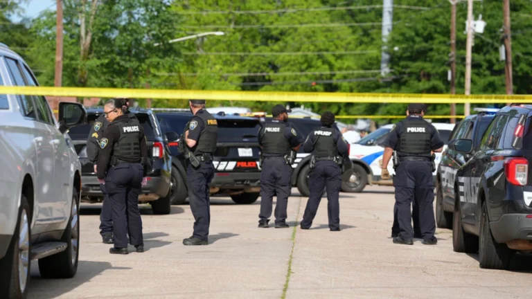 Police vehicles and crime scene tape blocking off a residential street in Shreveport, Louisiana following the tragic 2026 shooting.