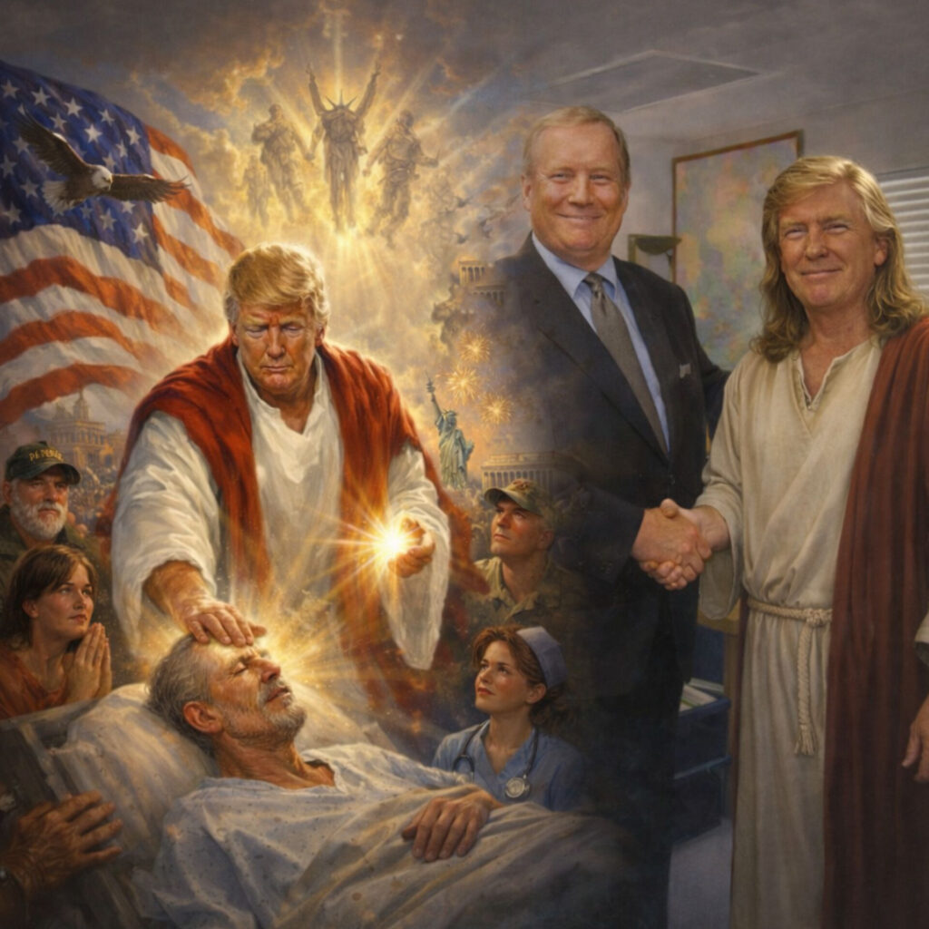 A close-up of a smartphone screen displaying a viral trump jesus image on a social media timeline.