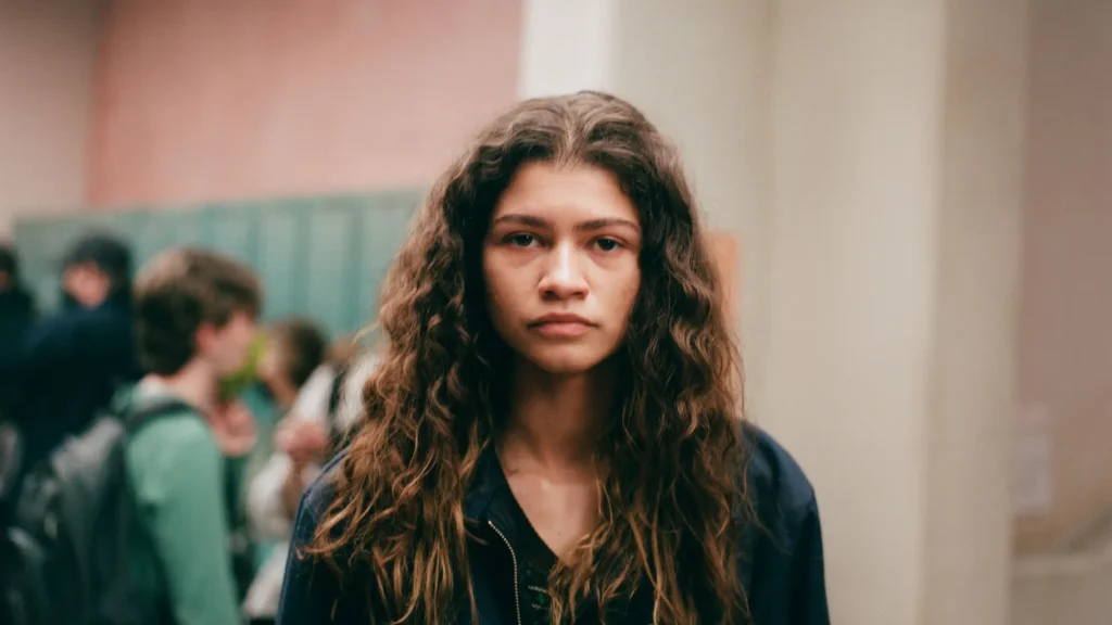 Zendaya as Rue Bennett looking stressed while crossing the border in Euphoria season 3.