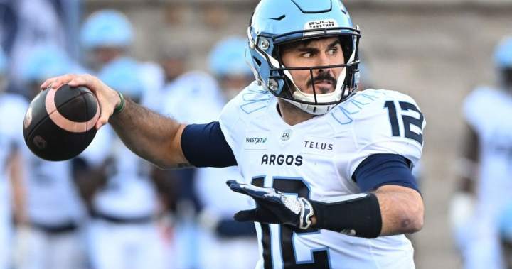 Toronto Argonauts quarterback Chad Kelly throws a pass in a CFL game.