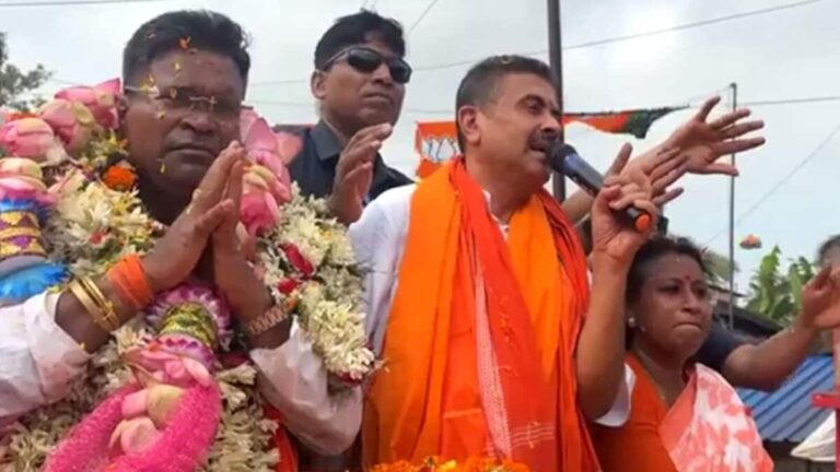 BJP candidate Debangshu Panda campaigning in Falta, West Bengal. This image captures the intensity of the Falta repoll, which led to a significant victory for the BJP over the TMC.