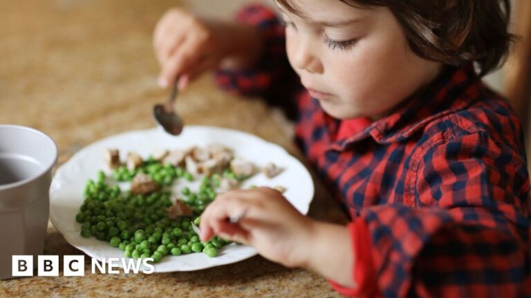 Child eating peas and mushrooms at a table, symbolizing global food security challenges.