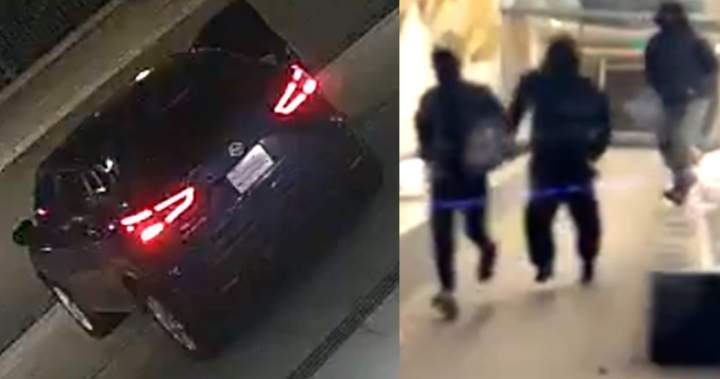 Surveillance image of blue Nissan Rogue and masked suspects linked to million-dollar jewel heist in Toronto.