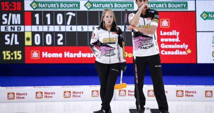 Team Sahaidak/Lott skip Kadriana Sahaidak and third Colton Lott discussing strategy at the Canadian Mixed Doubles Curling Championship.