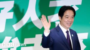 Taiwanese President Lai Ching-te waving at party HQ in Taipei; Chinese President Xi Jinping and US President Donald Trump smiling together in Beijing.