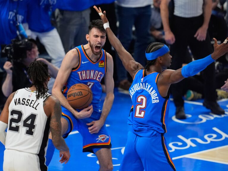Shai Gilgeous-Alexander celebrates during the Thunder Spurs series in the NBA Western Conference finals.
