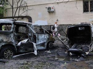Destroyed cars in Odesa after a Russian air attack, highlighting the devastation of the Ukraine attacks.