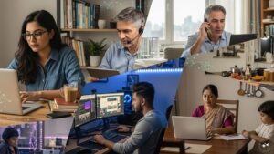 Indian professionals working remotely from home on laptops.