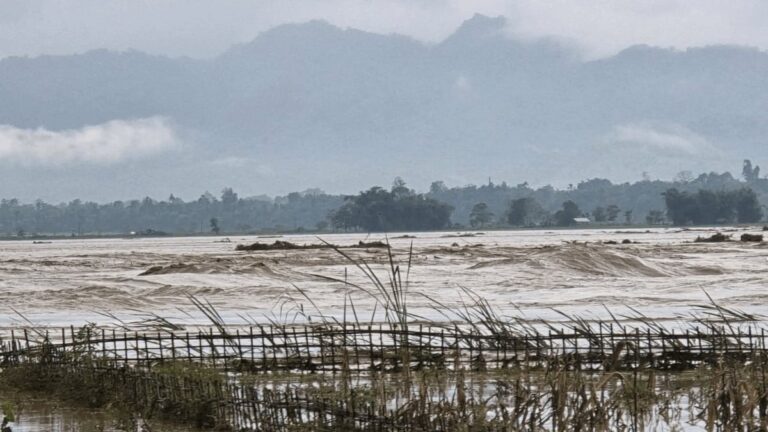 Image showing flooded areas in Assam with a railway bridge damaged.