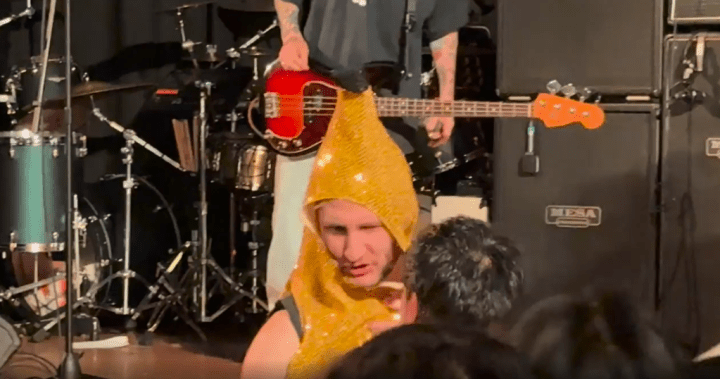 Man in sparkly banana suit at a Toronto hardcore concert