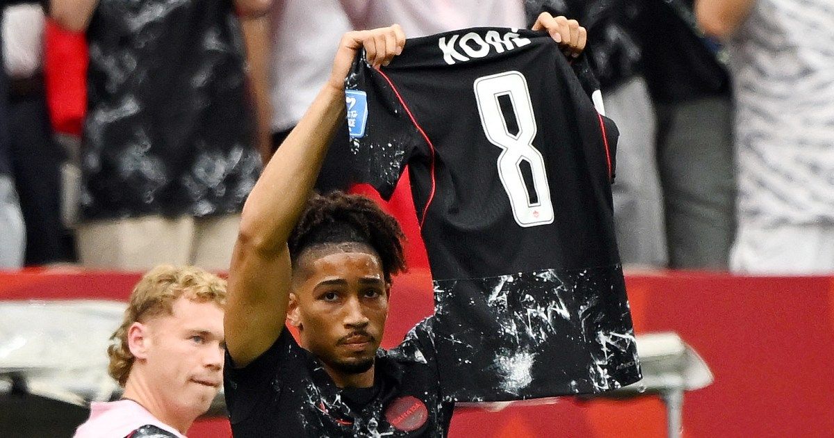Jonathan David celebrates a goal against Qatar at BC Place Vancouver