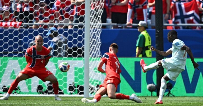 Ousmane Dembele celebrating a goal during the 2026 World Cup match against Norway.