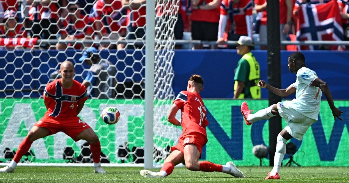 Ousmane Dembele celebrating a goal during the 2026 World Cup match against Norway.