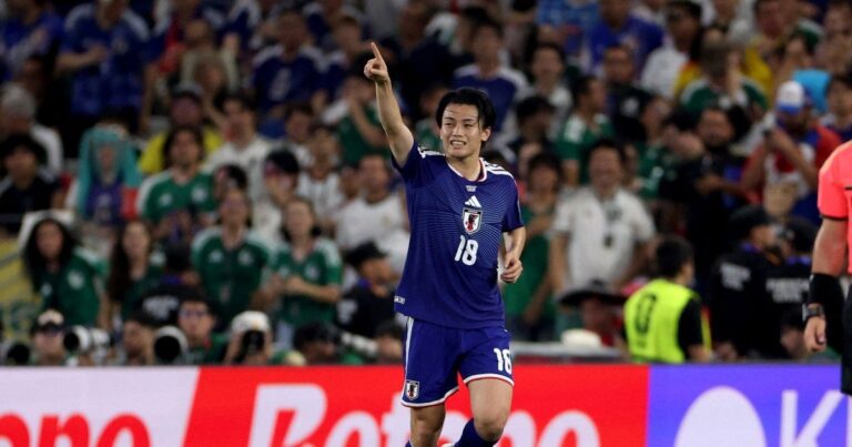 Japan's Ayase Ueda celebrates a goal during their 4-0 victory over Tunisia in the 2026 World Cup.