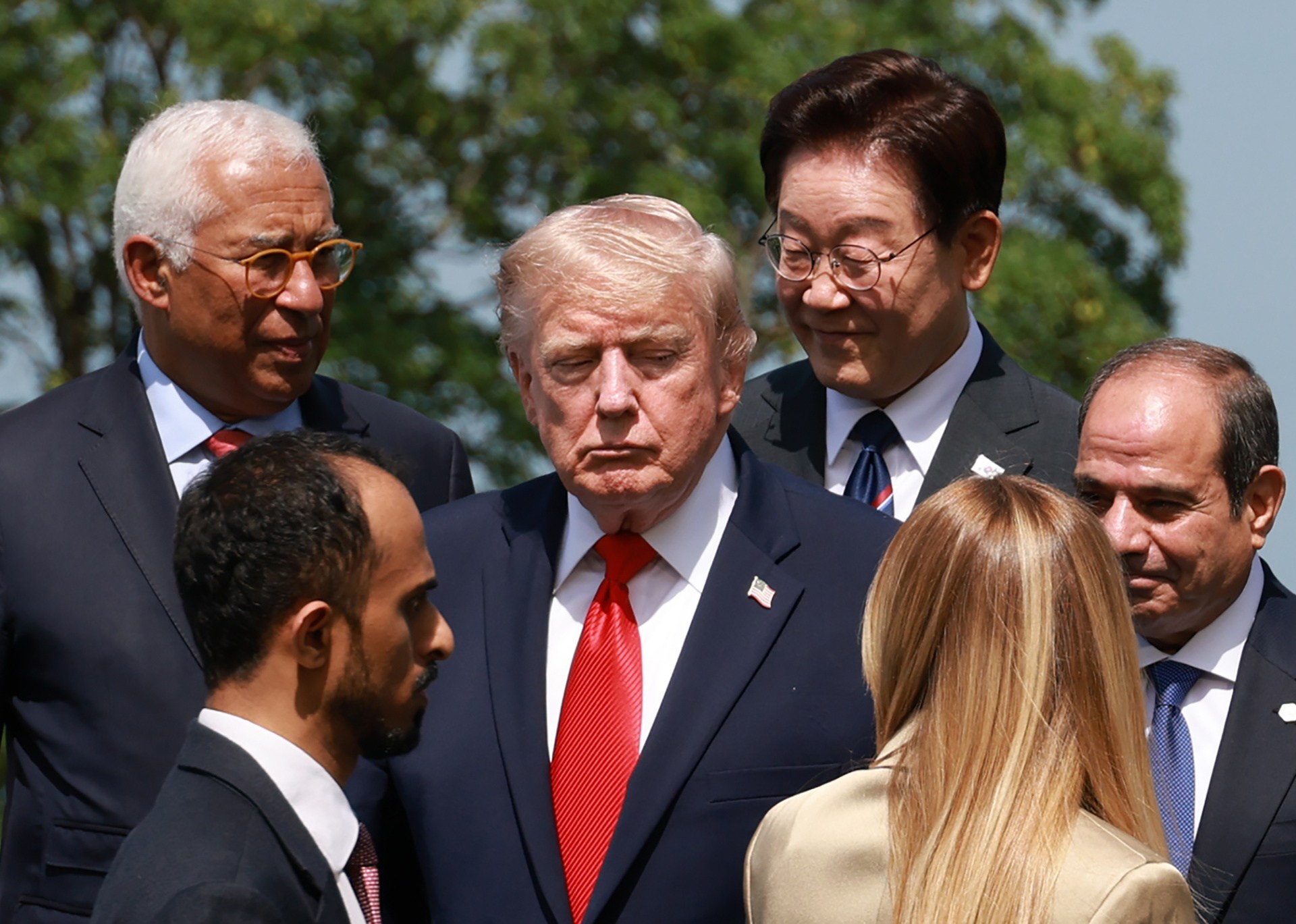President Trump, South Korean President Lee Jae Myung, and other leaders at G7 Summit discussing North Korea nuclear program.