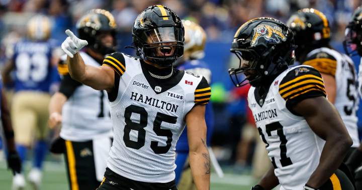 Hamilton Tiger-Cats celebrate a dominant 37-27 win against the Winnipeg Blue Bombers at Princess Auto Stadium, spoiling their home opener with strong offensive plays from Bo Levi Mitchell and Kiondre Smith.