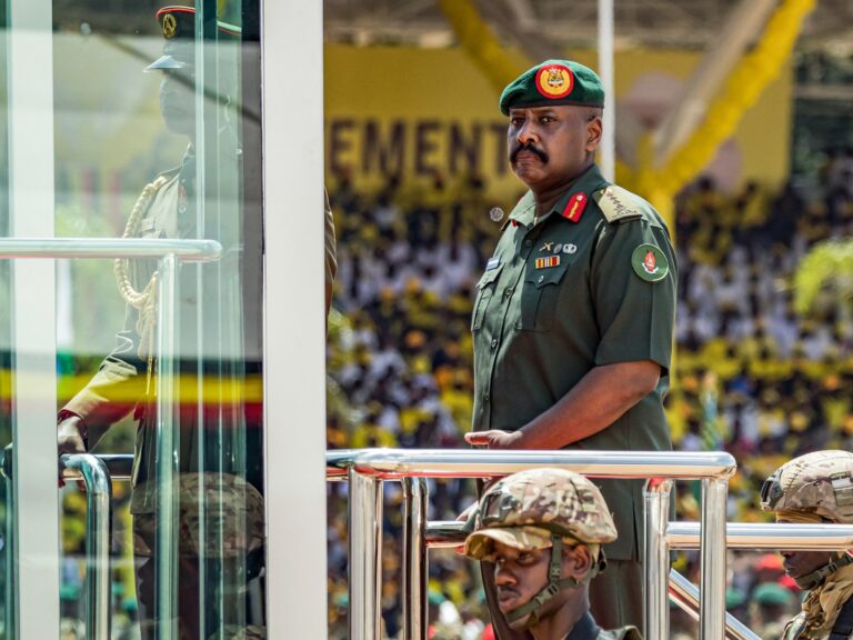 Uganda military chief Muhoozi Kainerugaba announcing a media shutdown, with soldiers deployed to news offices.
