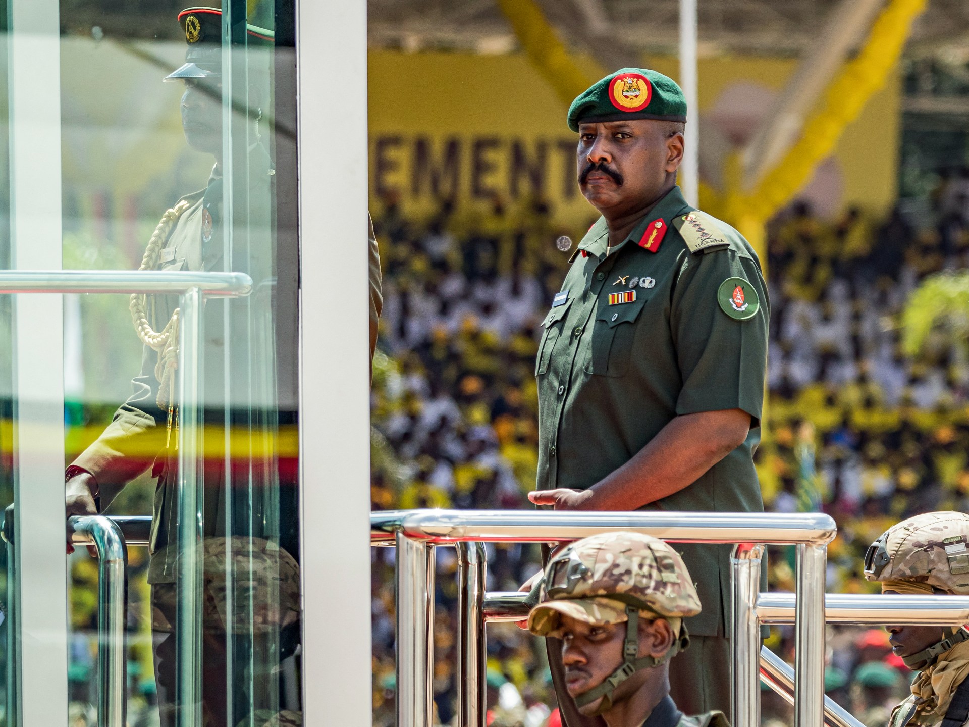 Uganda military chief Muhoozi Kainerugaba announcing a media shutdown, with soldiers deployed to news offices.
