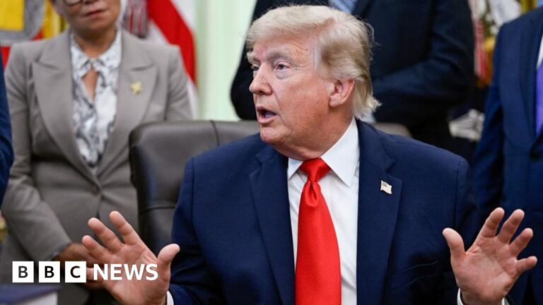 A photograph showing US President Donald Trump speaking, likely about the US-Iran deal, with an expression of determination.