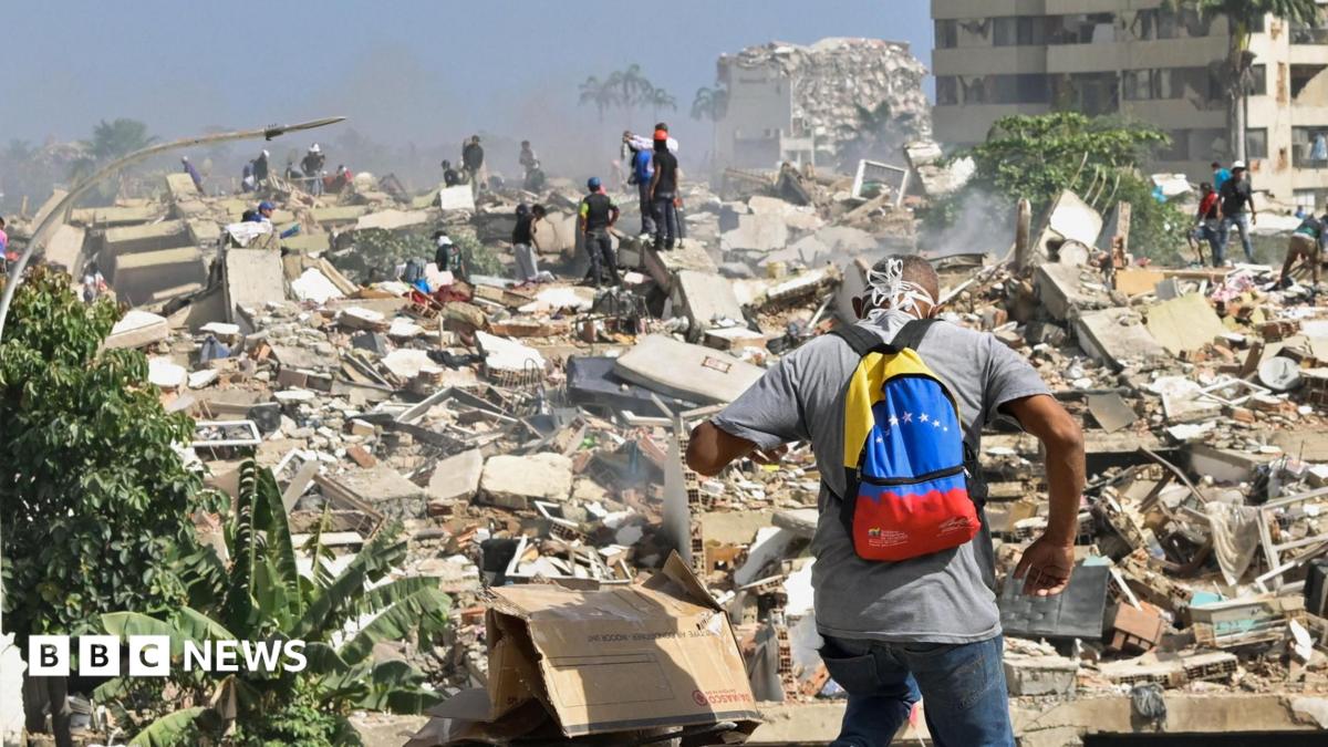 Venezuela earthquake aftermath with debris and rescuers