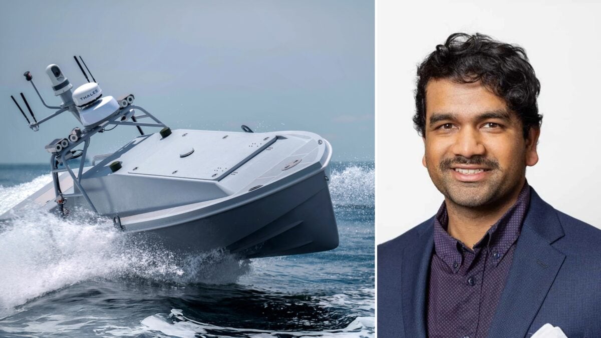 Indian-American engineer Vibhav Altekar, co-founder of Saronic Technologies, stands next to the Corsair drone boat that rescued US pilots.