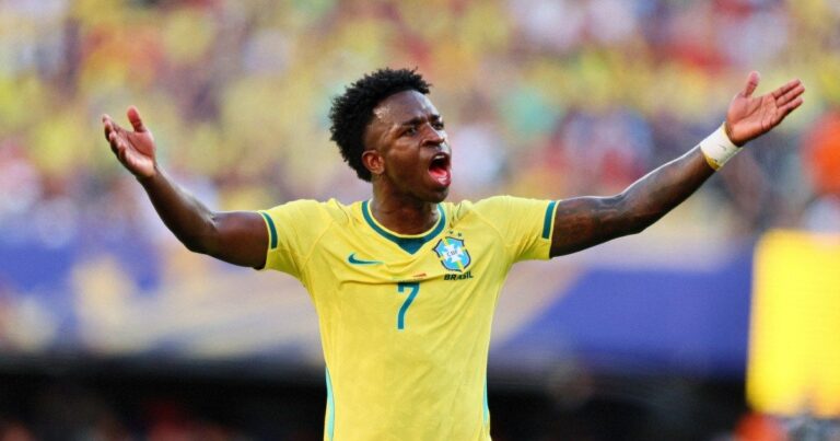 Vinicius Junior celebrates scoring for Brazil against Morocco in World Cup 2026