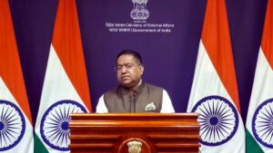 Indian Ministry of External Affairs spokesperson addressing media on Pakistan's airstrikes in Afghanistan.