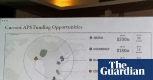 A screen showing a US government map of Africa with numerous countries mislabeled during a State Department presentation.