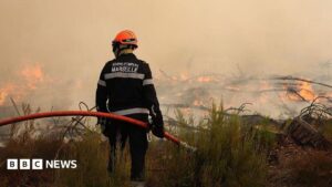 Aerial view of wildfires devastating forests near Bordeaux, France