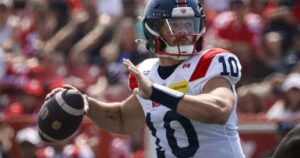 Davis Alexander breaking the CFL record for consecutive pass attempts without an interception during a game.