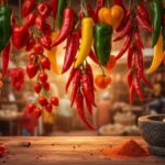 Illustration depicting various chilli peppers next to a magnifying glass, symbolizing scientific scrutiny of potential health risks.
