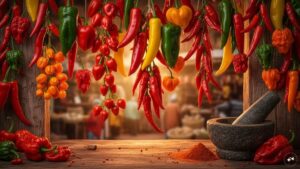 Illustration depicting various chilli peppers next to a magnifying glass, symbolizing scientific scrutiny of potential health risks.