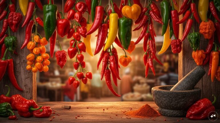 Illustration depicting various chilli peppers next to a magnifying glass, symbolizing scientific scrutiny of potential health risks.