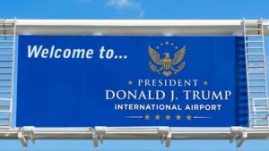 Image showing the new signage for Donald Trump Airport in Florida, near a plane on the runway, with the Mar-a-Lago estate in the background.