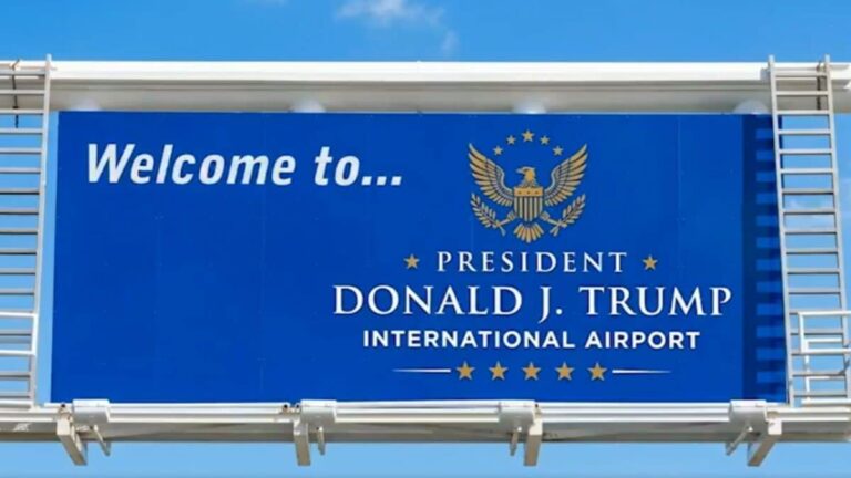 Image showing the new signage for Donald Trump Airport in Florida, near a plane on the runway, with the Mar-a-Lago estate in the background.