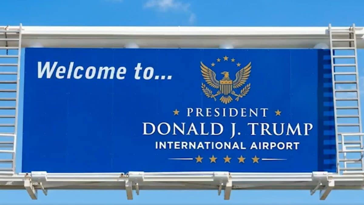 Image showing the new signage for Donald Trump Airport in Florida, near a plane on the runway, with the Mar-a-Lago estate in the background.