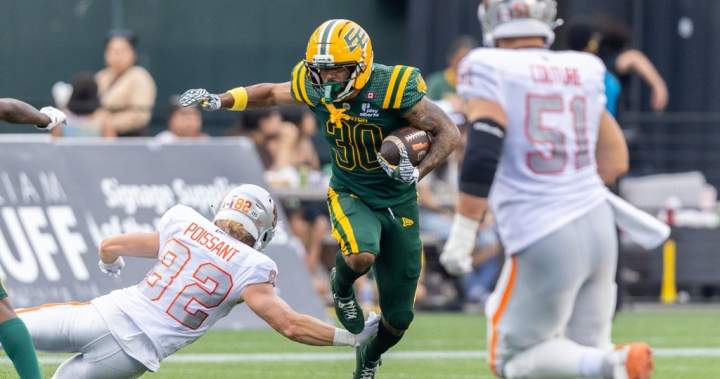 Edmonton Elks Tyrell Ford returns an interception against BC Lions
