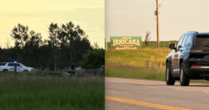 Image of RCMP officers investigating along Highway 9 near Irricana after an officer-involved shooting.