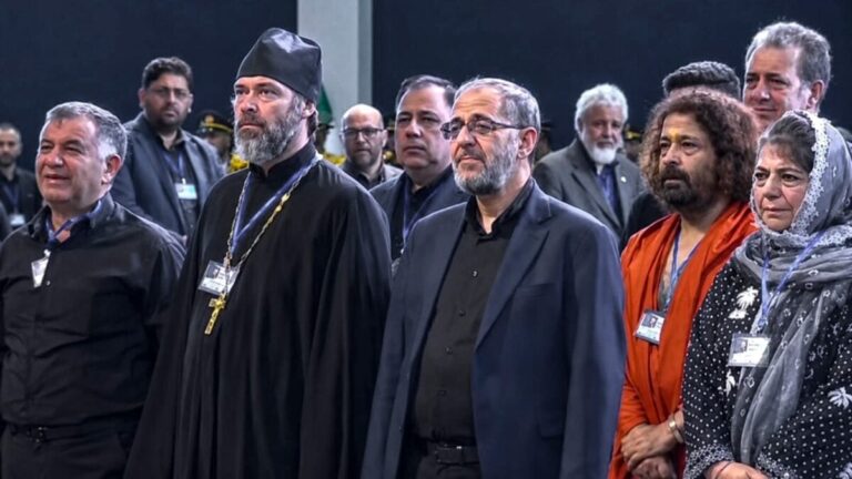 Indian political figures Mehbooba Mufti and Salman Khurshid attending the funeral ceremonies for Iran's Supreme Leader Ayatollah Ali Khamenei in Tehran.